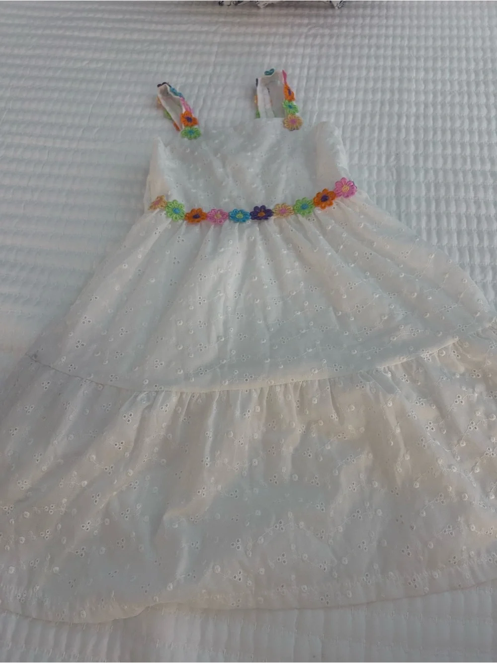 White Eyelet Sundress with Neon Colored Flowers Trim for Kids. Size 8
